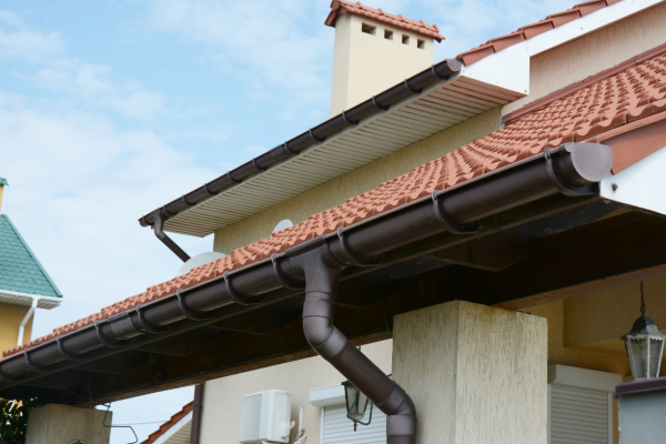Gouttière installée sur une toiture avec descente de gouttière